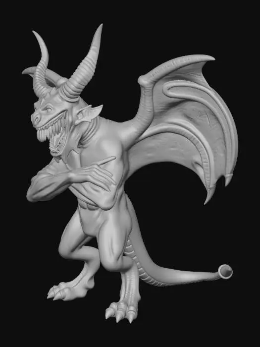 3D model for crea demone gargoyle chinato con le braccia incrociate le ali aperte rivolte in alto occhi grangrandi bocca spalancata con molti denti e la lingua tutta fuori biforcuta