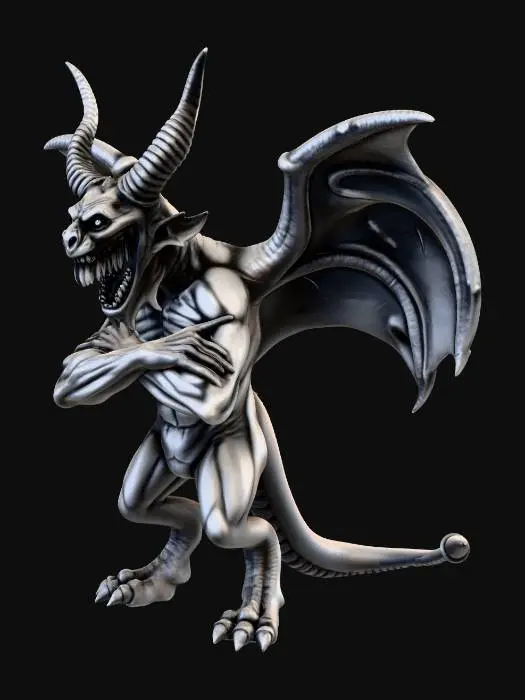 3D model for crea demone gargoyle chinato con le braccia incrociate le ali aperte rivolte in alto occhi grangrandi bocca spalancata con molti denti e la lingua tutta fuori biforcuta