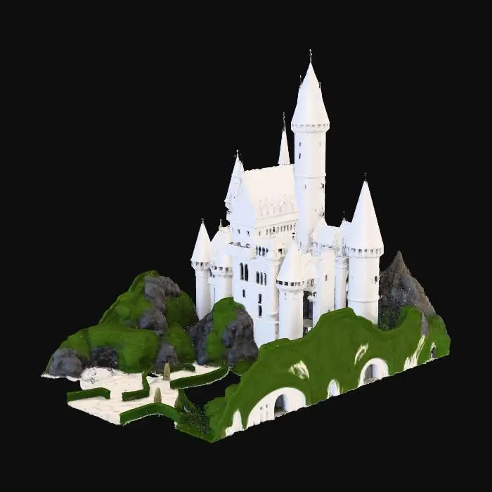 3D model for Crea castello vampiri crcondato da un fossato lago pieno di acqua , un galeone arenato magazino per scorte viverri una carozza nera e calli bianchi e dracula in piedi sulla torrrepiu alta