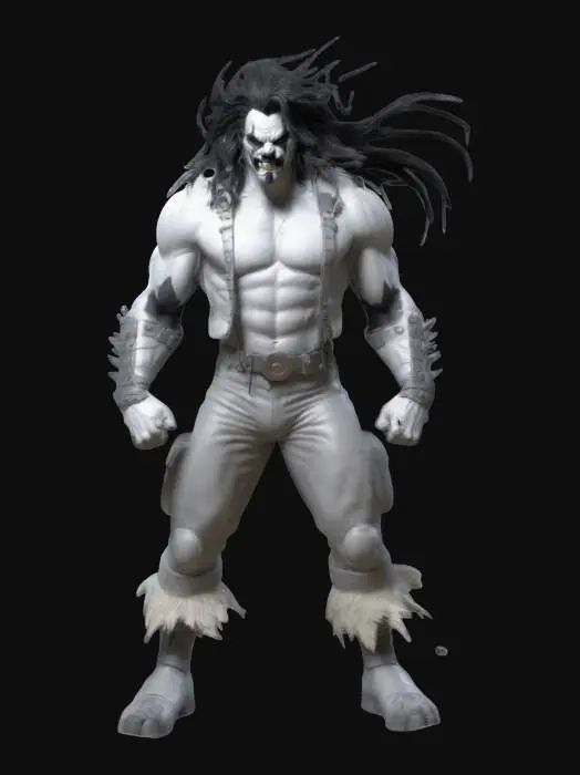 3D model for a highly detailed, 3d model of Lobo stood unarmed in a dynamic action pose. With a design inspired by John Buscema, Rob Liefeld and Alex Ross.
