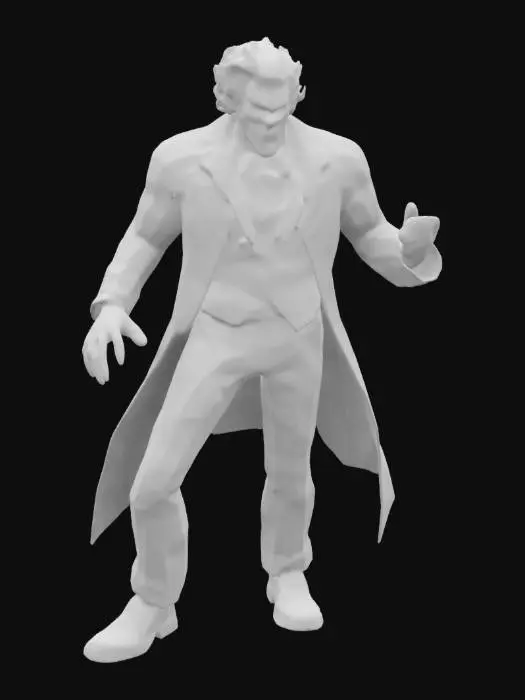3D model for a high poly, 4k, highly detailed, 3d model of Joker stood unarmed in a dynamic action pose. With no cape. With a design inspired by Greg Capullo, Neal Adams and Jim Aparo.