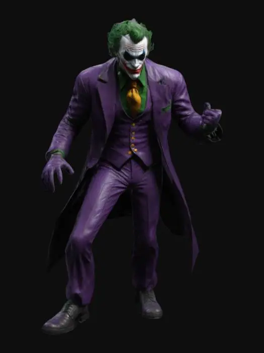 3D model for a high poly, 4k, highly detailed, 3d model of Joker stood unarmed in a dynamic action pose. With no cape. With a design inspired by Greg Capullo, Neal Adams and Jim Aparo.