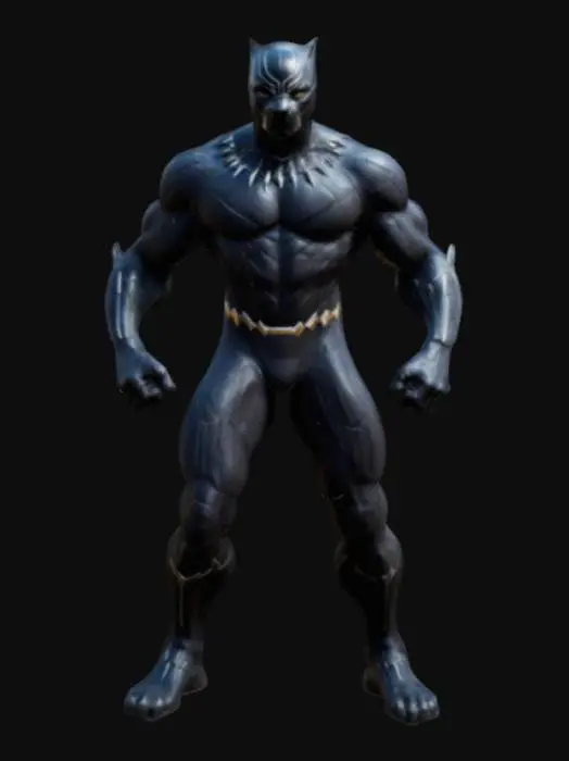 3D model for a high poly, 4k, highly detailed, 3d model of Black Panther stood in a dynamic action pose. With a character design inspired by stan Lee, Jack Kirby and Ta-Nehisi Coates
