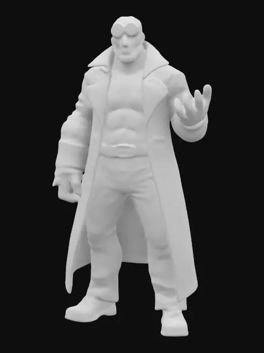 3D model for a high poly, 4k, highly detailed, 3d model of Hellboy stood in a dynamic action pose. With a character design inspired by Mike Mignola, Duncan Fegredo and Richard Corben