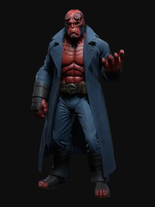 3D model for a high poly, 4k, highly detailed, 3d model of Hellboy stood in a dynamic action pose. With a character design inspired by Mike Mignola, Duncan Fegredo and Richard Corben