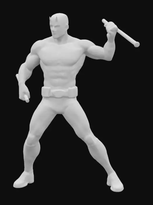 3D model for a high poly, 4k, highly detailed, 3d model of Daredevil stood in a dynamic action pose. With a character design inspired by Stan Lee, Bill Everett and Frank Miller