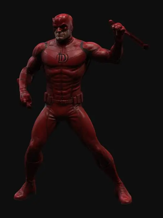 3D model for a high poly, 4k, highly detailed, 3d model of Daredevil stood in a dynamic action pose. With a character design inspired by Stan Lee, Bill Everett and Frank Miller