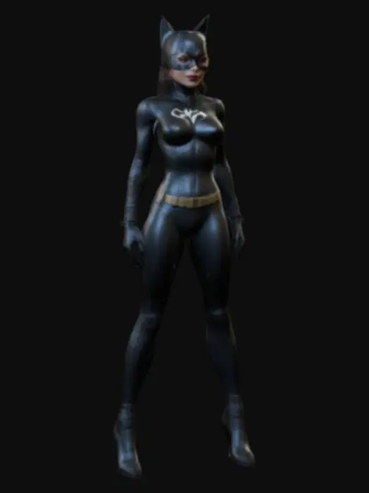 3D model for a high poly, 4k, highly detailed, 3d model of Catwoman with a character design inspired by Bill Finger, Bob Kane and Darwyn Cooke, #women#