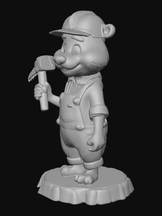 3D model for bóbr pracujący który trzyma narzędzia młotek i pile . ubrany w spodnie ogrodniczki i koszule z kratę . Uśmiech na twarzy podniesiony ogon . z kaskiem na głowie stojący na korzeniu .