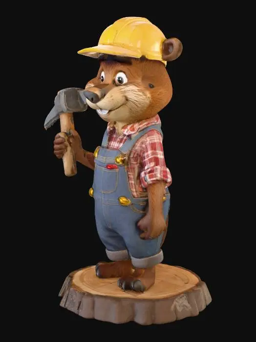 3D model for bóbr pracujący który trzyma narzędzia młotek i pile . ubrany w spodnie ogrodniczki i koszule z kratę . Uśmiech na twarzy podniesiony ogon . z kaskiem na głowie stojący na korzeniu .