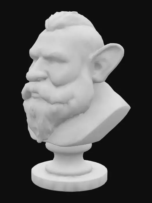 3D model for мир Властелин колец, гном, дворф, 
Бюст бородатого дворфа основа круглая с руническими символами, уши у дворфа обычные человечискме , лисый , борода пышная с косами, нос большой как у дворфов , материал белый мрамор, глубокая дитализация и четкие контуры лица