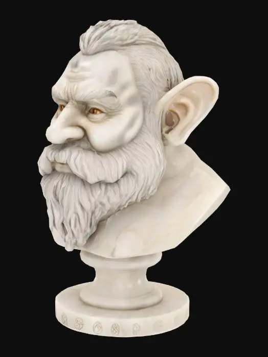 3D model for мир Властелин колец, гном, дворф, 
Бюст бородатого дворфа основа круглая с руническими символами, уши у дворфа обычные человечискме , лисый , борода пышная с косами, нос большой как у дворфов , материал белый мрамор, глубокая дитализация и четкие контуры лица