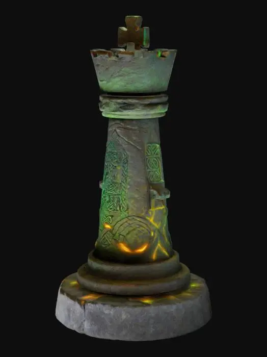 3D model for "A stylized, rugged standing stone with glowing Celtic runes carved into its surface, placed atop a weathered stone pedestal. The stone has uneven, exaggerated edges and a slightly cartoonish, vibrant design inspired by Kena: Bridge of Spirits. The glowing runes emit a soft, magical light, accentuating the mystical charm."
mix with chess rook