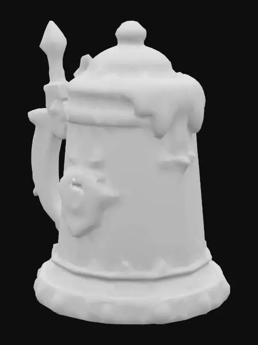 3D model for «A fantasy chess rook piece designed as a giant dwarven beer stein made of dark stone, with glowing runes carved into its surface. The stein has a thick circular base (like a chess rook), a sturdy handle, and a tower-like lid with jagged edges. Foaming beer spills from the top, emitting a magical golden glow. Highly detailed, realistic texture, mix of tavern fantasy and chess aesthetics, isometric view, dark colors with vibrant light effects from runes and beer, white background»
