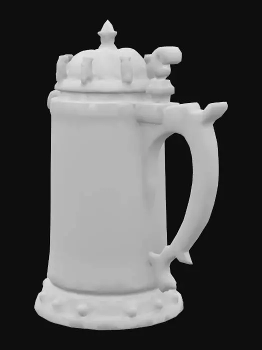 3D model for «A fantasy chess rook piece designed as a giant dwarven beer stein made of dark stone, with glowing runes carved into its surface. The stein has a thick circular base (like a chess rook), a sturdy handle, and a tower-like lid with jagged edges. Foaming beer spills from the top, emitting a magical golden glow. Highly detailed, realistic texture, mix of tavern fantasy and chess aesthetics, isometric view, dark colors with vibrant light effects from runes and beer, white background»