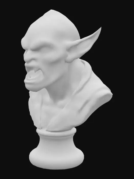3D model for "Highly detailed 3D bust of an evil fantasy goblin designed as a chess pawn base, hunched posture with bent legs merging into the pawn's conical shape. Malevolent glowing yellow eyes, jagged teeth, wrinkled green skin with warts. Wearing tattered leather armor on shoulders. Dark fantasy style, intricate textures, matte finish with subtle blood stains. Isometric view, studio lighting, rendered in Unreal Engine 5, volumetric fog background."