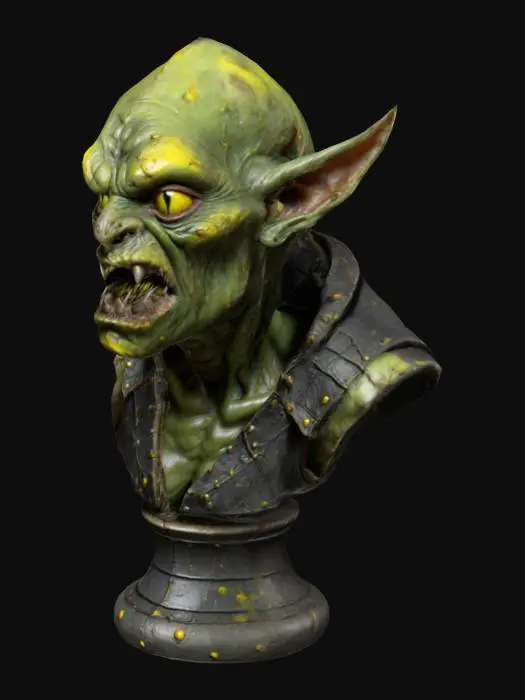 3D model for "Highly detailed 3D bust of an evil fantasy goblin designed as a chess pawn base, hunched posture with bent legs merging into the pawn's conical shape. Malevolent glowing yellow eyes, jagged teeth, wrinkled green skin with warts. Wearing tattered leather armor on shoulders. Dark fantasy style, intricate textures, matte finish with subtle blood stains. Isometric view, studio lighting, rendered in Unreal Engine 5, volumetric fog background."