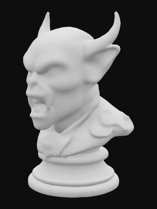 3D model for "Highly detailed 3D bust of an evil fantasy goblin designed as a chess pawn base, hunched posture with bent legs merging into the pawn's conical shape. Malevolent glowing yellow eyes, jagged teeth, wrinkled green skin with warts. Wearing tattered leather armor on shoulders. Dark fantasy style, intricate textures, matte finish with subtle blood stains. Isometric view, studio lighting, rendered in Unreal Engine 5, volumetric fog background."