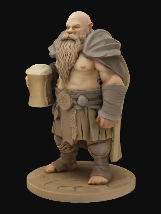 3D model for Object: дворфа (вдохновлено "Властелином Колец")
Material: пластик
Shape/Form:  лысого дворфа с густой длинной бородой, украшенной косичками, крупным носом и ушами человека; основание круглое с руническими надписями
Color Scheme: бежевый или цвет слоновой кости
Texture Details: гладкая поверхность с чётко проработанными прядями волос и бороды; лёгкая текстура резьбы на броне
Style: реалистичный, скульптурный

Reference Models: вдохновлено скульптурами дворфов из "Властелина Колец"
добавить шлем гномов
добавь  наплечники из железа и  деревянную кружку пива с ручкой в руку