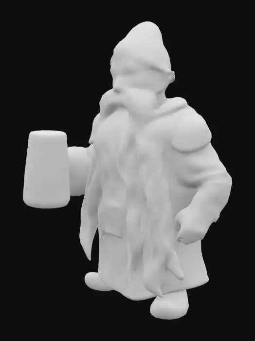 3D model for Object: дворфа (вдохновлено "Властелином Колец")
Material: пластик
Shape/Form:  лысого дворфа с густой длинной бородой, украшенной косичками, крупным носом и ушами человека; основание круглое с руническими надписями
Color Scheme: бежевый или цвет слоновой кости
Texture Details: гладкая поверхность с чётко проработанными прядями волос и бороды; лёгкая текстура резьбы на броне
Style: реалистичный, скульптурный

Reference Models: вдохновлено скульптурами дворфов из "Властелина Колец"
добавить шлем гномов
добавь  наплечники из железа и  деревянную кружку пива с ручкой в руку