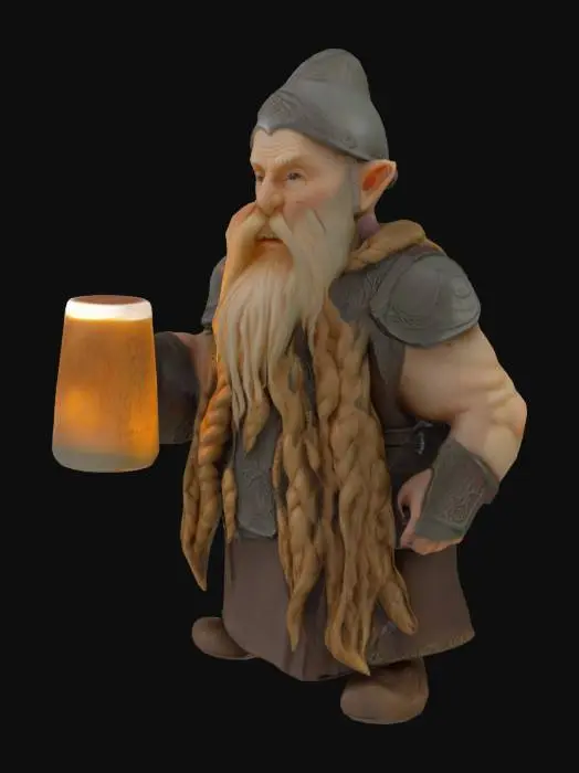 3D model for Object: дворфа (вдохновлено "Властелином Колец")
Material: пластик
Shape/Form:  лысого дворфа с густой длинной бородой, украшенной косичками, крупным носом и ушами человека; основание круглое с руническими надписями
Color Scheme: бежевый или цвет слоновой кости
Texture Details: гладкая поверхность с чётко проработанными прядями волос и бороды; лёгкая текстура резьбы на броне
Style: реалистичный, скульптурный

Reference Models: вдохновлено скульптурами дворфов из "Властелина Колец"
добавить шлем гномов
добавь  наплечники из железа и  деревянную кружку пива с ручкой в руку