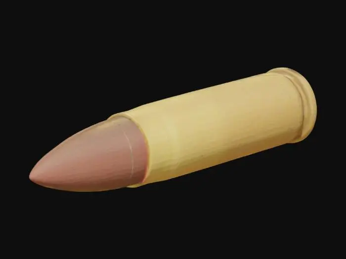 3D model for Call of Duty: Modern Warfare II style single bullet, realistic metal texture, ballistic tip, rifling marks, dynamic lighting, cinematic close-up, shallow depth of field, high detail, 8K resolution, ultra realistic, studio render, photorealistic, HDR