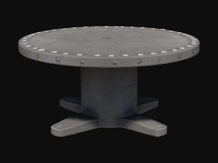 3D model for A large military-style conference table made of battle-worn steel with scratched and dented surfaces