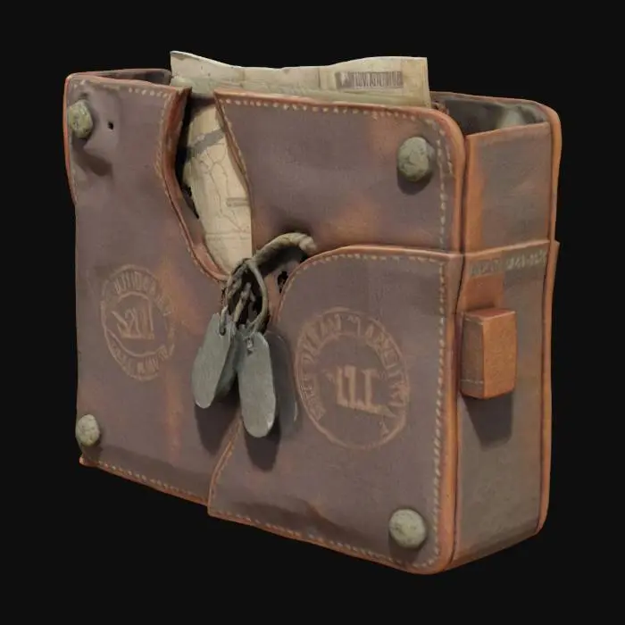 3D model for Call of Duty: Modern Warfare II style military dossier folder, worn leather or canvas texture, stamped confidential markings, dog tags, tactical map corner peeking out, rugged and realistic, high detail, cinematic lighting, 8K resolution, ultra realistic, photorealistic, HDR, dramatic shadows, slight dust and weathering for realism, studio render