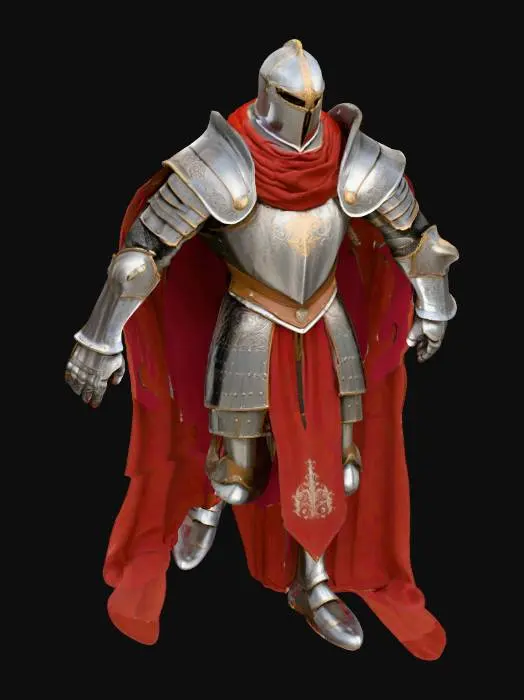 3D model for Create a detailed 3D model of a medieval knight in full armor, featuring ornate engravings and a flowing cape, using metallic and leather materials. The model should be realistic and fully rigged for animation, with textures in 4K resolution, and optimized for use in Unreal Engine.
