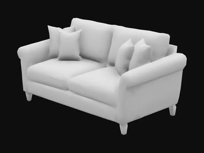 3D model for a loveseat with soft valour material in a dark beige with matching accent pillows
