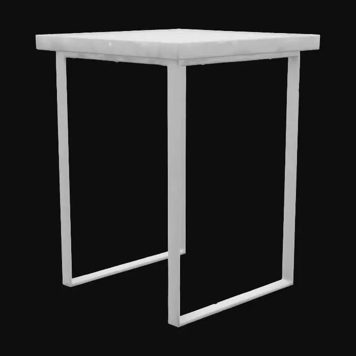 3D model for a end table that is square with the measurments of 3' long and 3' wide made from medium color oak with a light tone beige quartz top. The legs are about 28" long and are made of black metal.