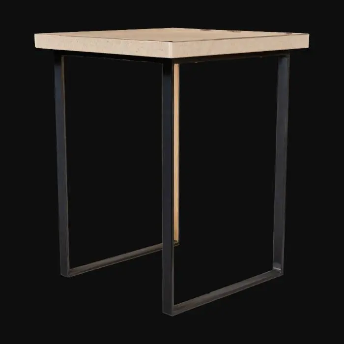 3D model for a end table that is square with the measurments of 3' long and 3' wide made from medium color oak with a light tone beige quartz top. The legs are about 28" long and are made of black metal.