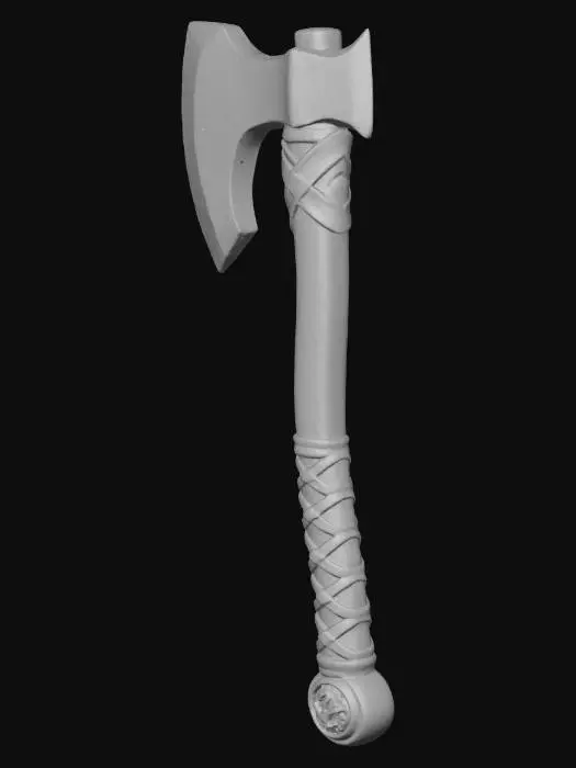 3D model for A finely crafted battle axe with a broad, polished steel head exhibiting subtle, hammered textures along its sharpened edge. The dark, aged wooden handle is intricately carved with a crisscross grip pattern, showing visible wood grain and minor wear, and is bound at the top with rustic leather straps. A small, ornate pommel of tarnished silver caps the base of the handle, featuring a faint mythological beast engraving.
