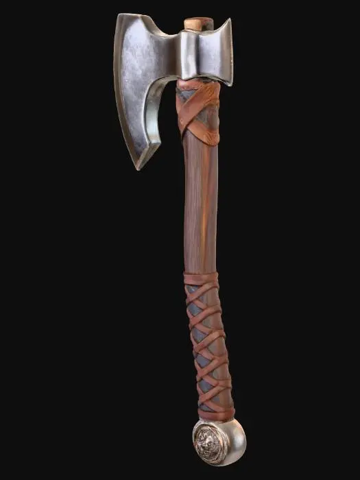 3D model for A finely crafted battle axe with a broad, polished steel head exhibiting subtle, hammered textures along its sharpened edge. The dark, aged wooden handle is intricately carved with a crisscross grip pattern, showing visible wood grain and minor wear, and is bound at the top with rustic leather straps. A small, ornate pommel of tarnished silver caps the base of the handle, featuring a faint mythological beast engraving.