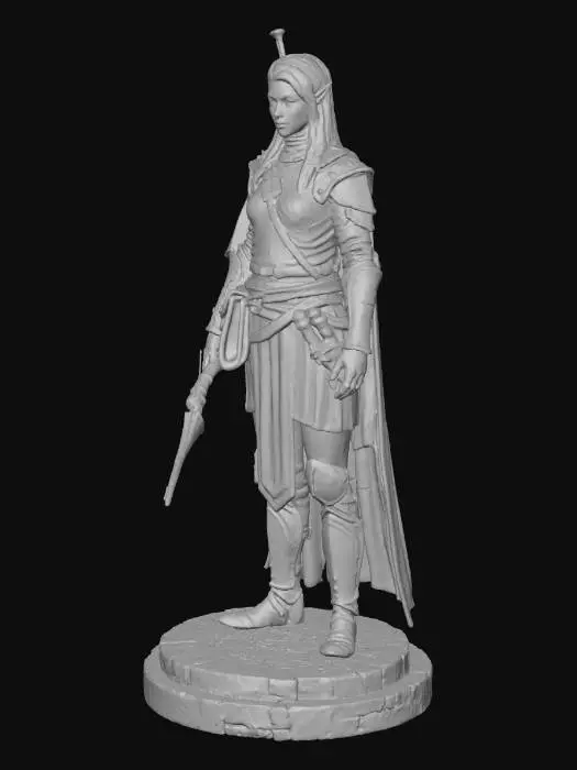 3D model for Figurka fantasy 3D: elf wojownik z Kronik Fallathanu.
Styl realistyczny, resin 8K. Smukły elf o harmonijnych proporcjach, wyraźnie zarysowanych mięśniach i szlachetnych rysach twarzy. Długie włosy opadają na ramiona, uszy spiczaste, oczy jasne i skupione. Zbroja lekka, wykonana z metalu i skóry, ozdobiona runami i motywami liści.

Postawa bojowa — lekko pochylony do przodu, trzyma długi łuk z napiętą cięciwą lub elegancki miecz o elfickim zdobieniu. Na plecach kołczan, u pasa sakwa. Podstawa przedstawia fragment ruin z grawerowanym symbolem Fallathanu.

Styl rzeźbiarski: fantasy resin figurine, bardzo wysoki poziom detalu, realistyczna anatomia, delikatna faktura skóry, włosów i metalu. Przeznaczona do druku 3D w skali 1:10 lub 1:12.