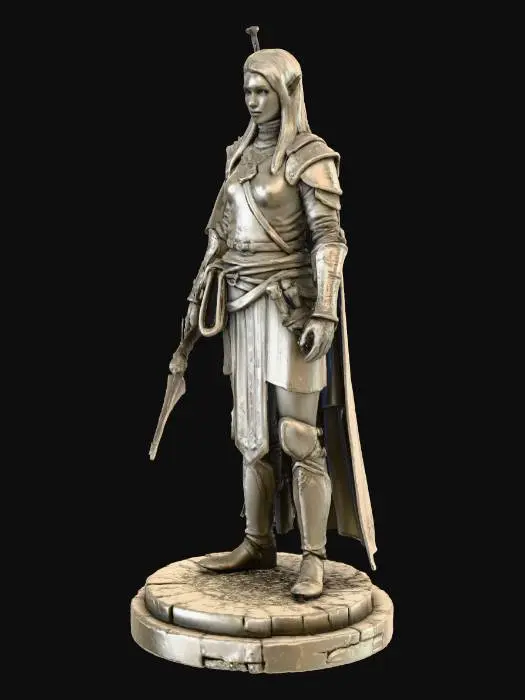 3D model for Figurka fantasy 3D: elf wojownik z Kronik Fallathanu.
Styl realistyczny, resin 8K. Smukły elf o harmonijnych proporcjach, wyraźnie zarysowanych mięśniach i szlachetnych rysach twarzy. Długie włosy opadają na ramiona, uszy spiczaste, oczy jasne i skupione. Zbroja lekka, wykonana z metalu i skóry, ozdobiona runami i motywami liści.

Postawa bojowa — lekko pochylony do przodu, trzyma długi łuk z napiętą cięciwą lub elegancki miecz o elfickim zdobieniu. Na plecach kołczan, u pasa sakwa. Podstawa przedstawia fragment ruin z grawerowanym symbolem Fallathanu.

Styl rzeźbiarski: fantasy resin figurine, bardzo wysoki poziom detalu, realistyczna anatomia, delikatna faktura skóry, włosów i metalu. Przeznaczona do druku 3D w skali 1:10 lub 1:12.