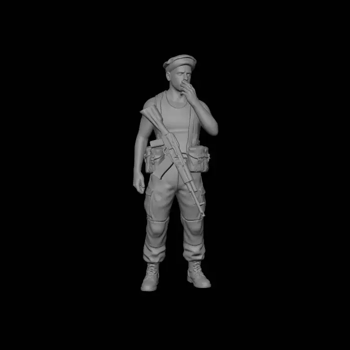 3D model for Relaxed russian soldier in Afghanistan standing and smoking a cigarette in a sleeveless shirt with an afghan style hat. Armed with an AK 74. White background.