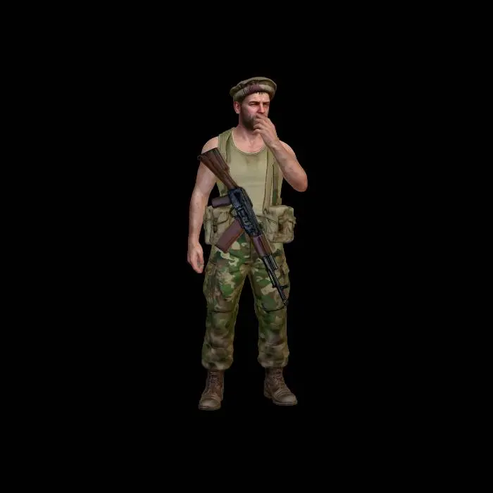 3D model for Relaxed russian soldier in Afghanistan standing and smoking a cigarette in a sleeveless shirt with an afghan style hat. Armed with an AK 74. White background.