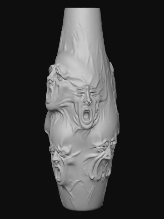 3D model for a simple modern vase but with different multiple faces of trapped ,screaming souls pushing out against the surface  like they are trapped inside the vase