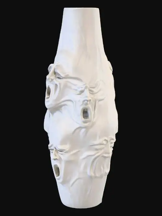 3D model for a simple modern vase but with different multiple faces of trapped ,screaming souls pushing out against the surface  like they are trapped inside the vase