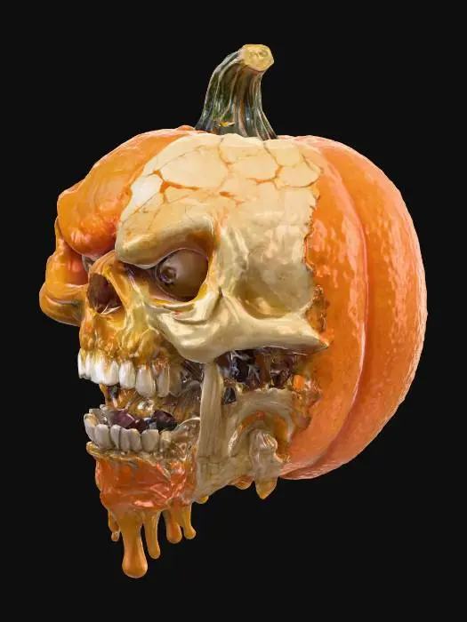 3D model for a angry screaming pumpkin that the right side is melting away unveiling the skull beneath