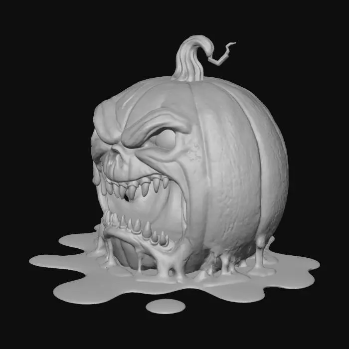 3D model for cartoon style angry evil pumpkin with sharp teeth screaming  half of his face melting
 sat in a puddle ,mouth open wide
