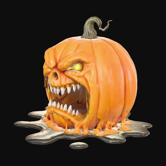 3D model for cartoon style angry evil pumpkin with sharp teeth screaming  half of his face melting
 sat in a puddle ,mouth open wide