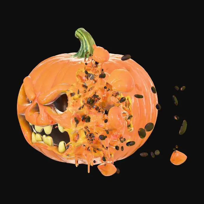 3D model for a cartoon angry pumpkin because half has been smashed to bits