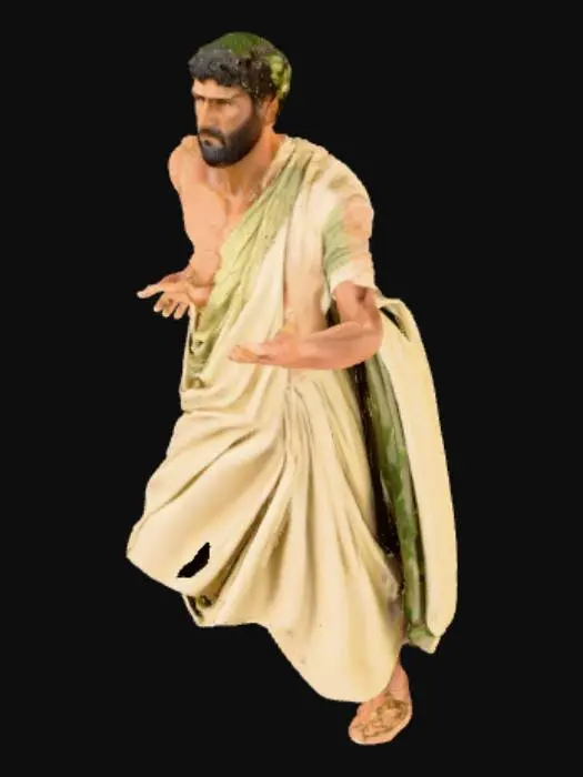 3D model for An ancient Roman man, standing tall with a powerfully chiseled physique, features taut muscles and defined contours beneath his sun-kissed skin. He wears a flowing toga, its soft, cream-colored fabric draped in elegant pleats and folds that hint at its fine wool texture. A verdant olive branch, with waxy green leaves and subtle brown twigs, forms a natural wreath upon his head, contrasting with his dark, neatly combed hair. His expression is stoic and noble, with strong facial features.