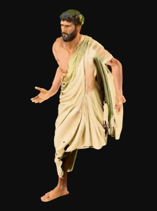 3D model for An ancient Roman man, standing tall with a powerfully chiseled physique, features taut muscles and defined contours beneath his sun-kissed skin. He wears a flowing toga, its soft, cream-colored fabric draped in elegant pleats and folds that hint at its fine wool texture. A verdant olive branch, with waxy green leaves and subtle brown twigs, forms a natural wreath upon his head, contrasting with his dark, neatly combed hair. His expression is stoic and noble, with strong facial features.