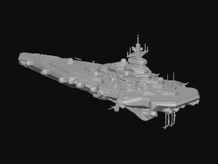 3D model for a space battleship. Shaped like ww2 battleship, but mirrored on y axis. Should have a total of 8 Turrets 4 forward, 4 aft ) ans well as missile launchers. Include 3 Landing bays, 2 Medium( port and starboard, lower half ) and one large aft  centered upper section. Boxy, futuristic.