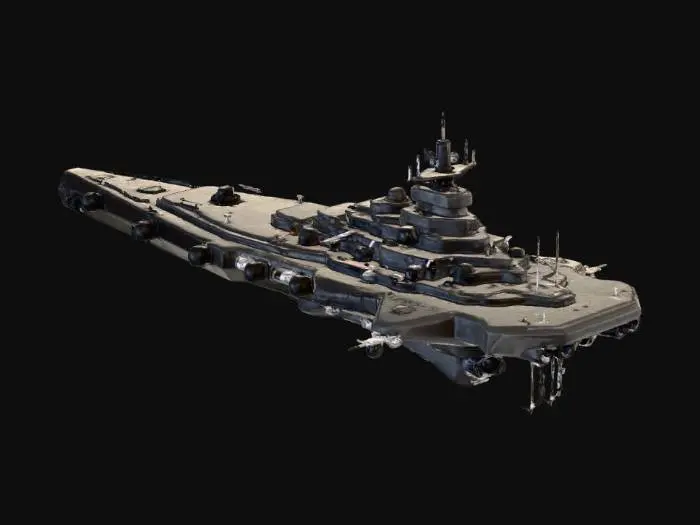 3D model for a space battleship. Shaped like ww2 battleship, but mirrored on y axis. Should have a total of 8 Turrets 4 forward, 4 aft ) ans well as missile launchers. Include 3 Landing bays, 2 Medium( port and starboard, lower half ) and one large aft  centered upper section. Boxy, futuristic.