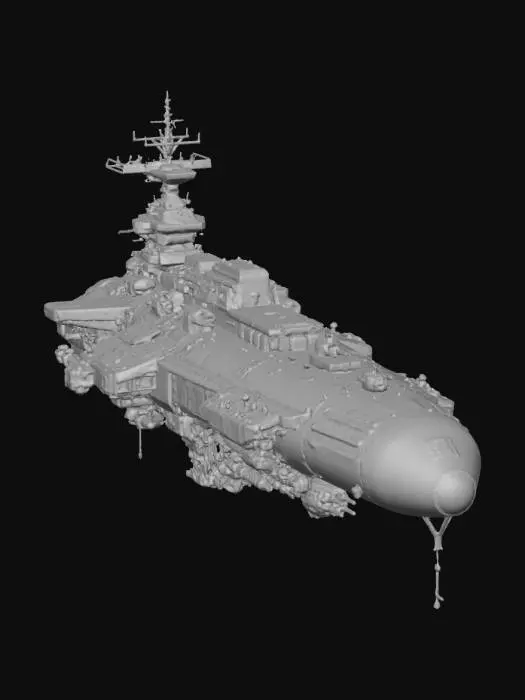 3D model for a space cruiser. Shaped like ww2 cruiser, but mirrored on y axis. Should have a total of 8 Turrets 4 forward, 4 aft ) ans well as missile launchers. Include 3 Landing bays, 2 Medium( port and starboard, lower half ) and one large aft centered upper section. Boxy, futuristic.