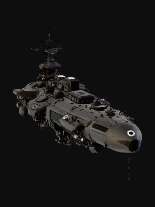 3D model for a space cruiser. Shaped like ww2 cruiser, but mirrored on y axis. Should have a total of 8 Turrets 4 forward, 4 aft ) ans well as missile launchers. Include 3 Landing bays, 2 Medium( port and starboard, lower half ) and one large aft centered upper section. Boxy, futuristic.
